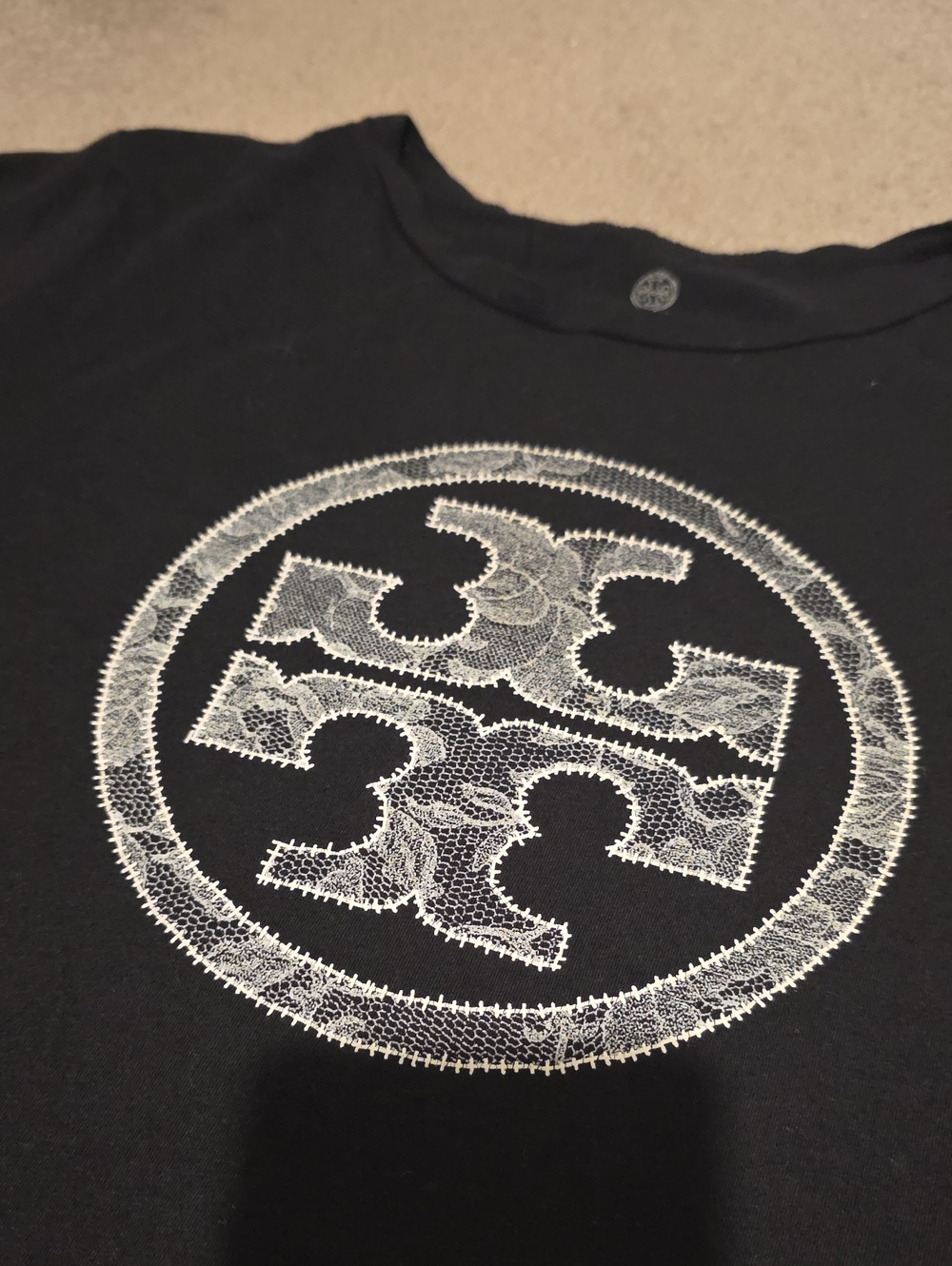 Tory Burch Black Short Sleeve Tee with White Lacey Logo - Picture 2 of 4